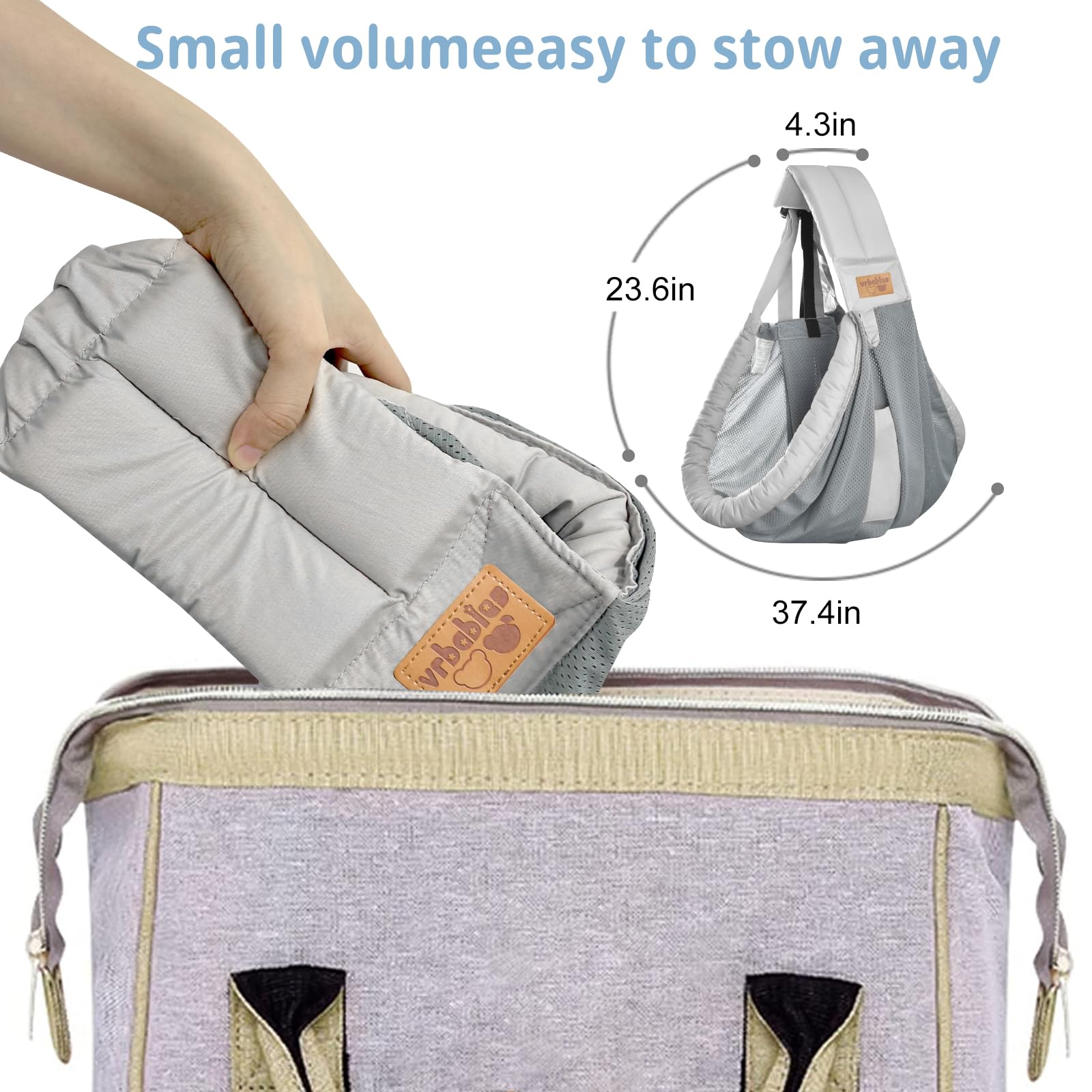 vrbabies baby sling travel-friendly-baby demonstrates compact design for easy trips.