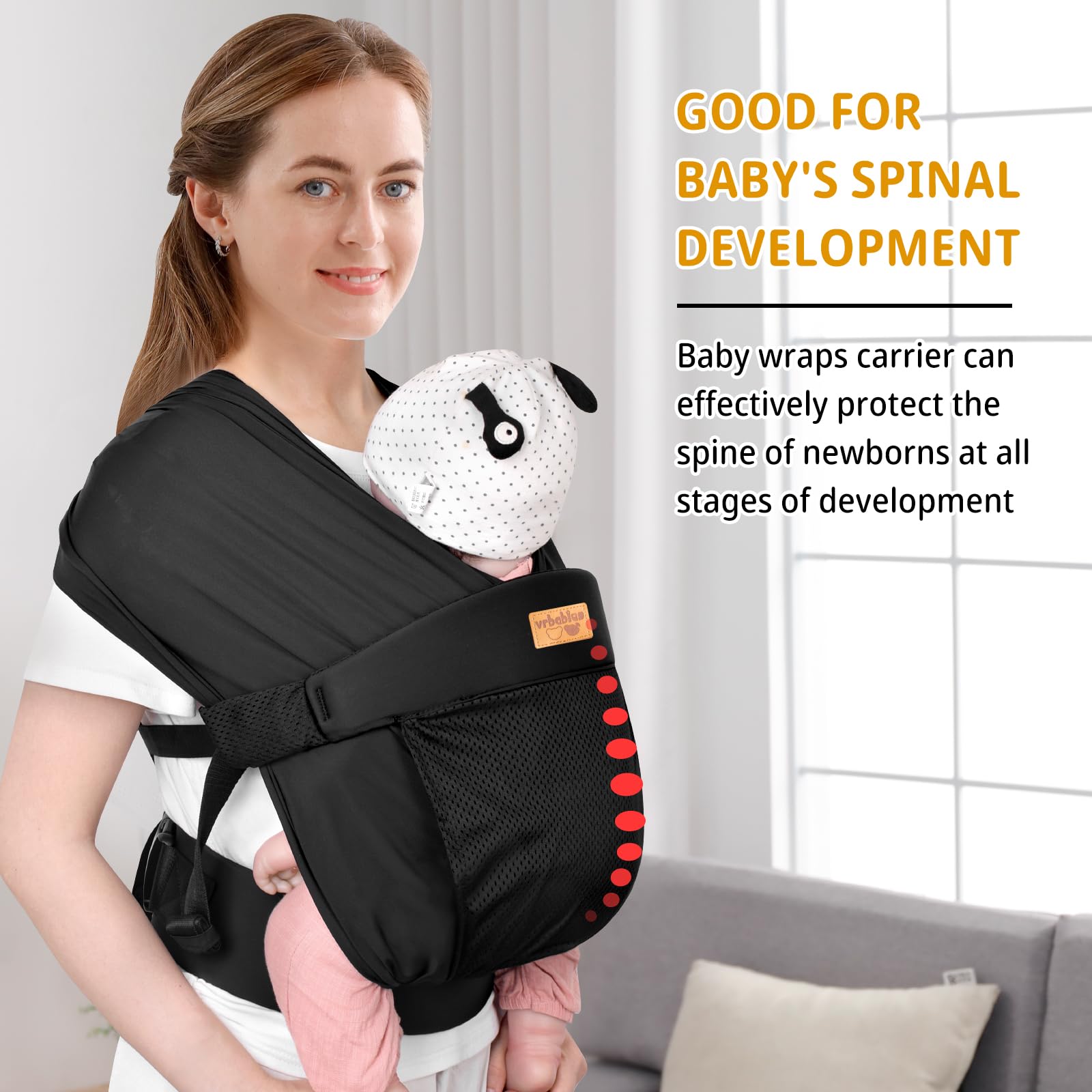 vrbabies baby wrap shows ergonomic back support reducing shoulder strain.