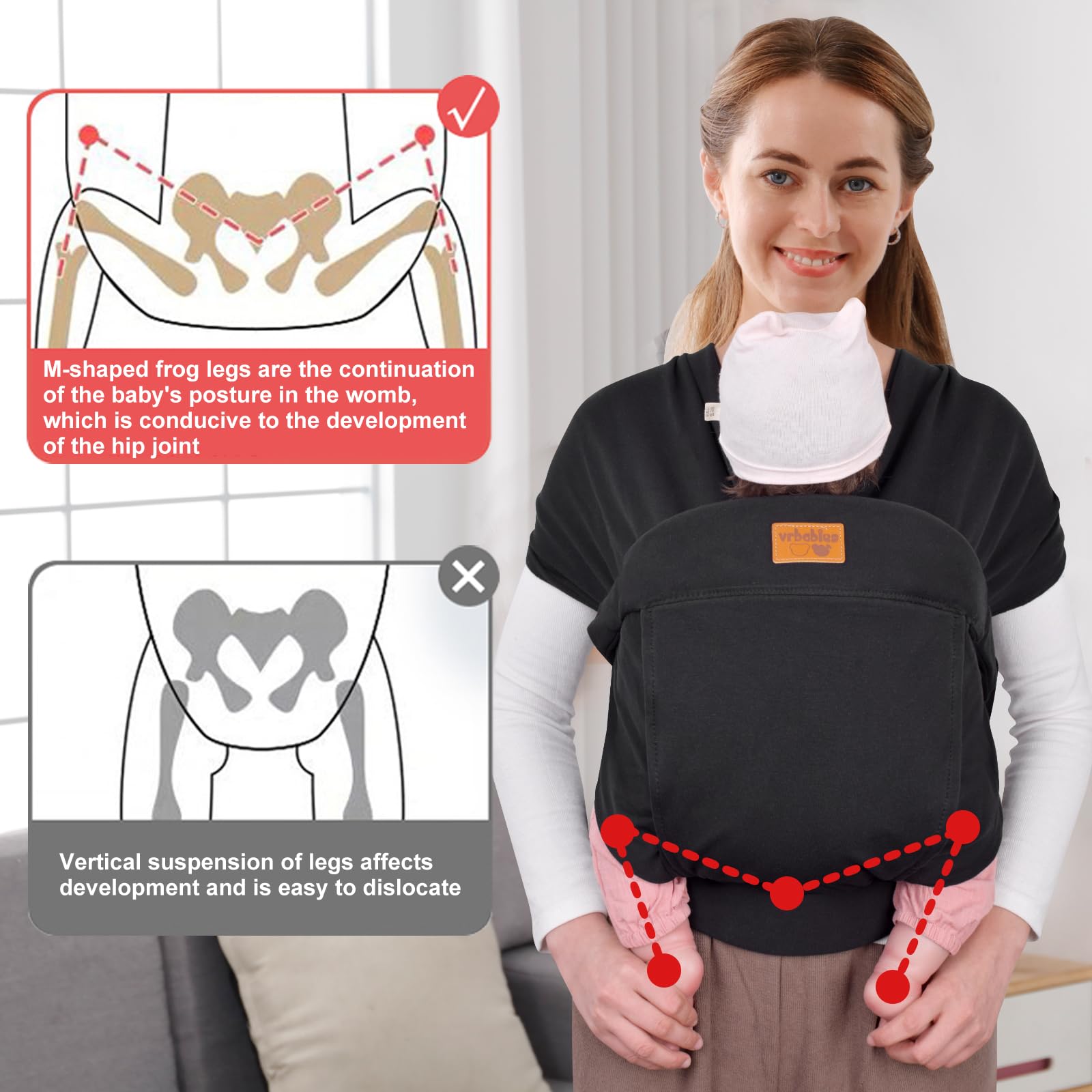 vrbabies wrap ergonomic-design scene demonstrates reduced shoulder strain for caregiver during wear.