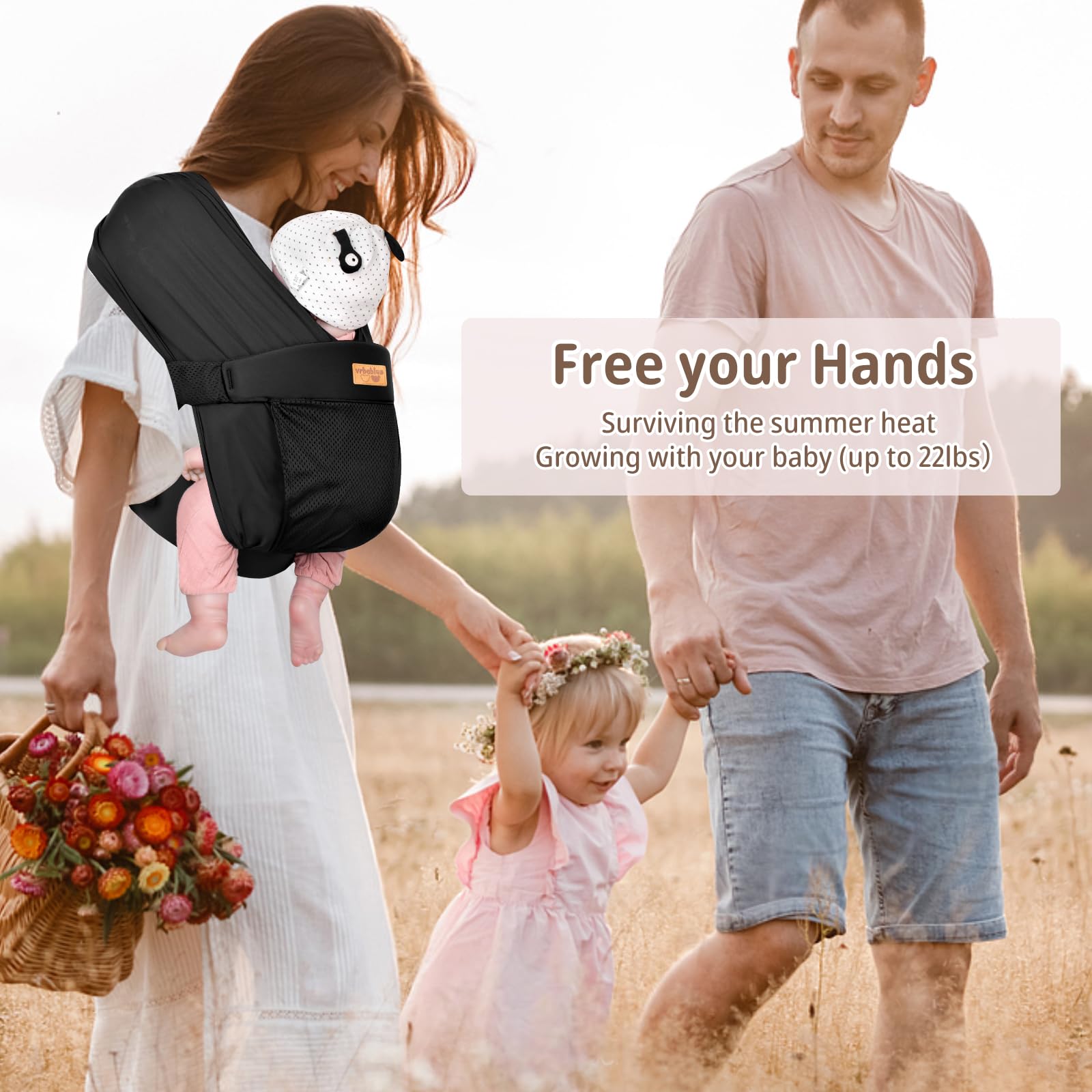 vrbabies baby wrap front carry pose with baby close for bonding.