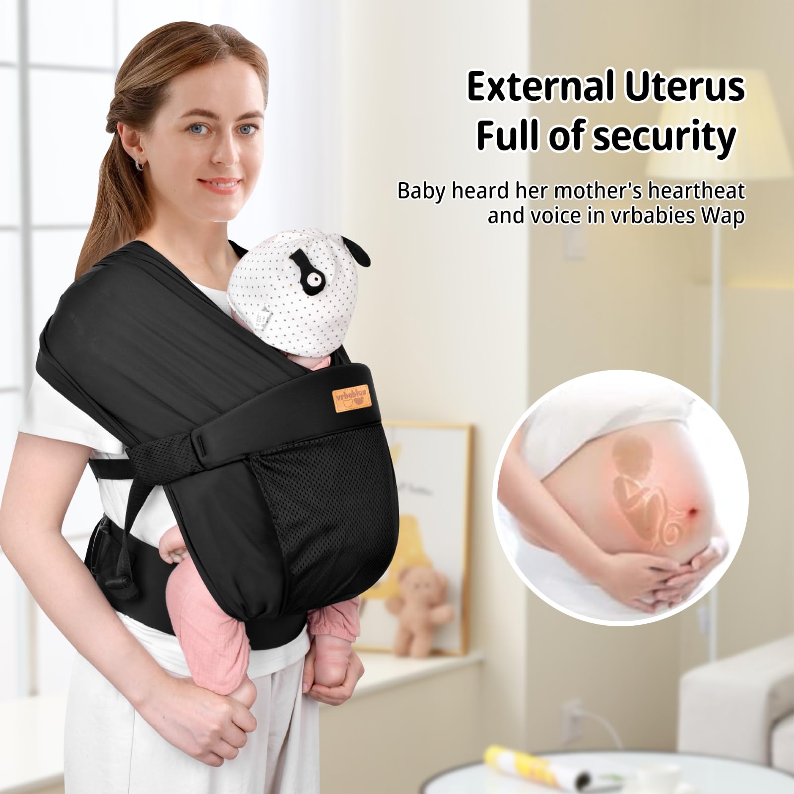 vrbabies baby wrap supports newborn to toddler positioning.