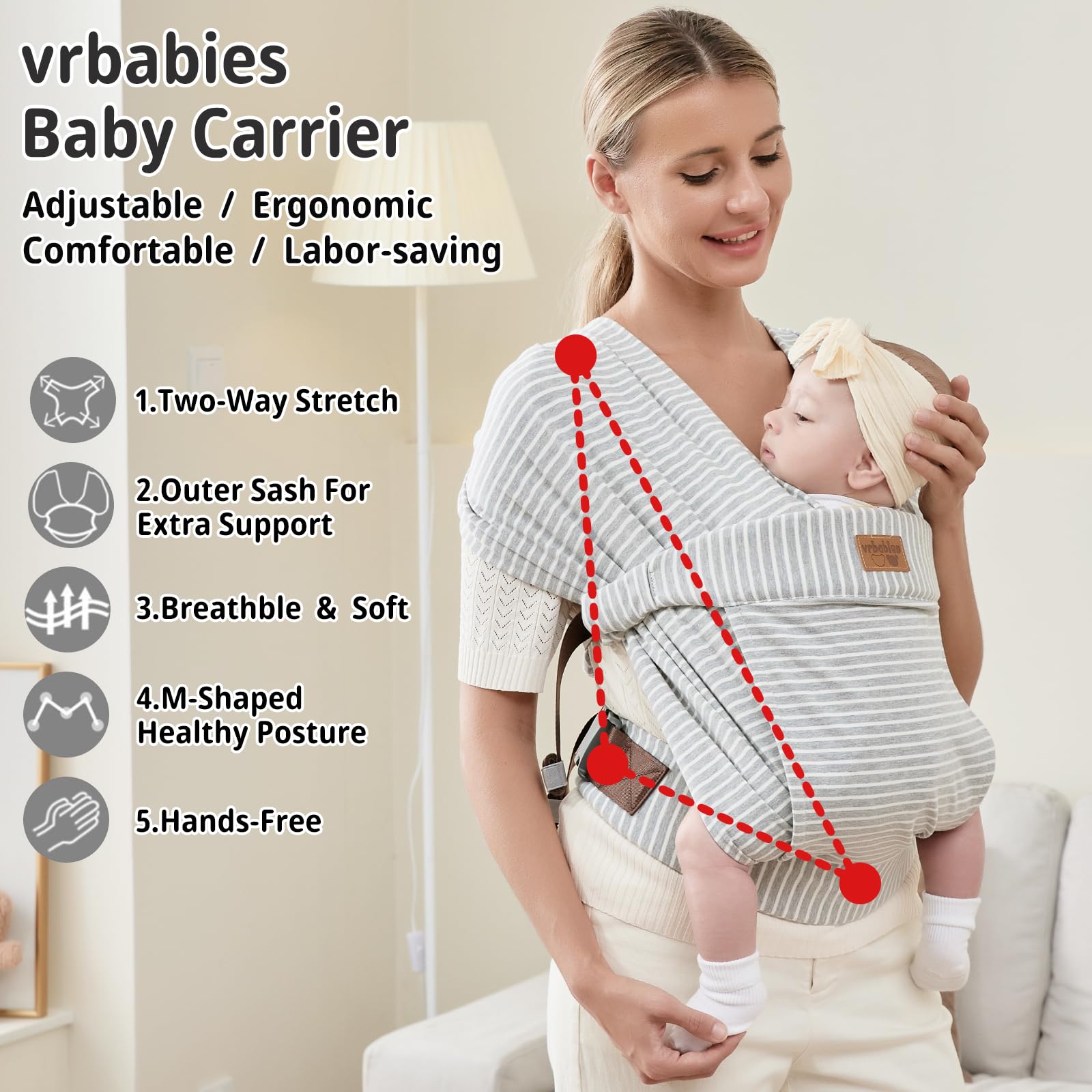 vrbabies baby wrap worn by mom demonstrates ergonomic front carry