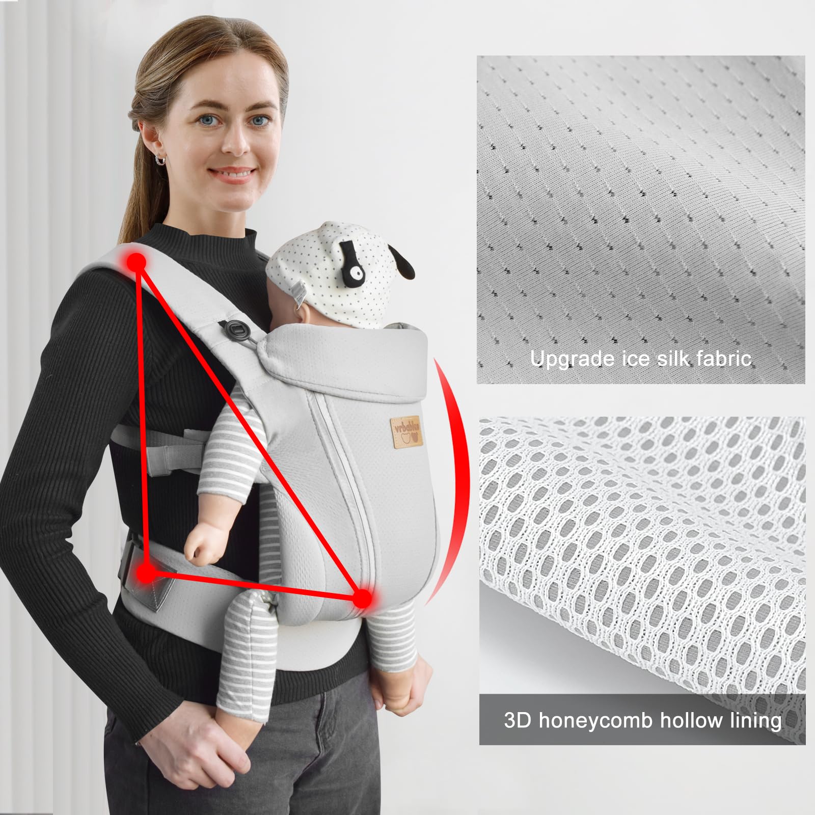 vrbabies ergonomic M-position promotes healthy hip alignment while baby sits securely