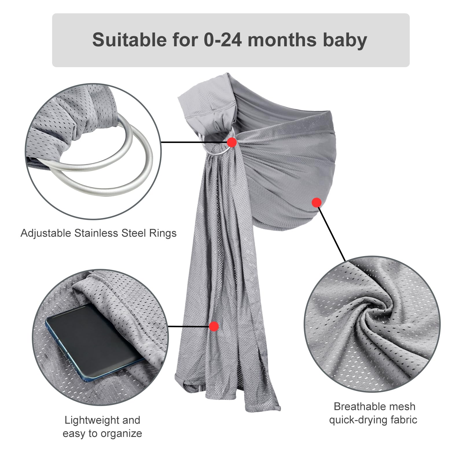 vrbabies Water Ring Sling Baby Carrier front carry ergonomic design supports balanced weight distribution.