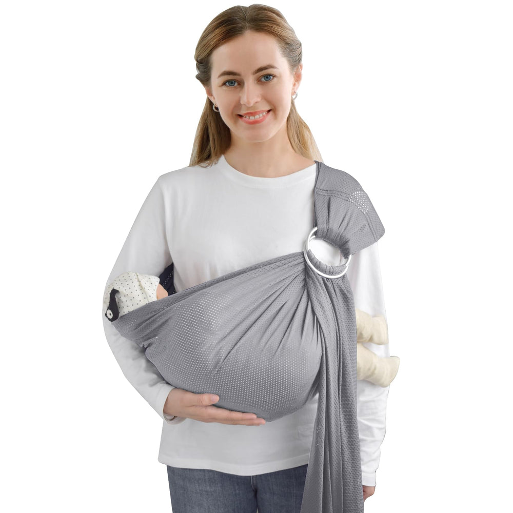 vrbabies Water Ring Sling Baby Carrier Light Grey close-up shows breathable mesh for baby comfort.