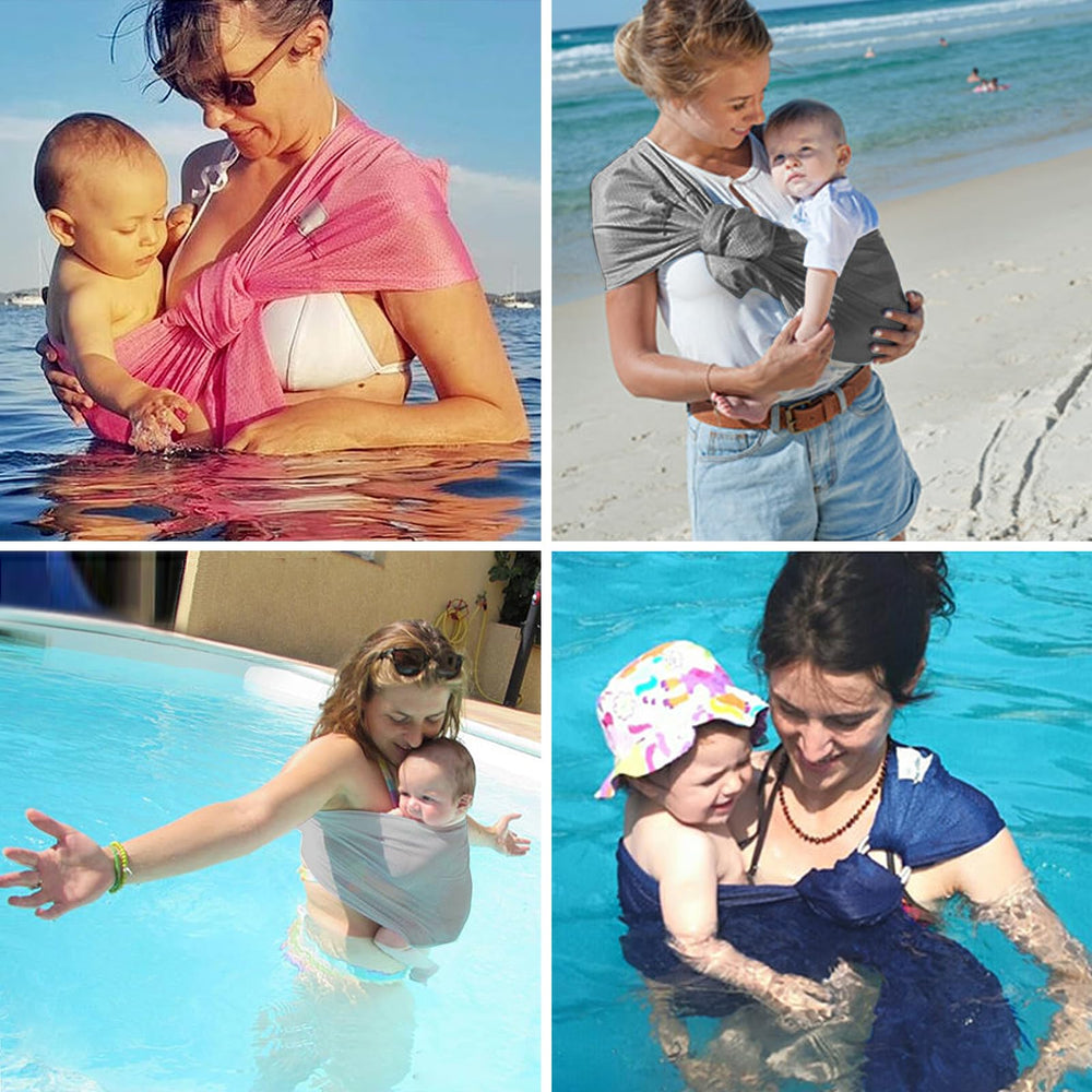 vrbabies Water Ring Sling Baby Carrier outdoor swim setup demonstrates quick-drying fabric for beach days.