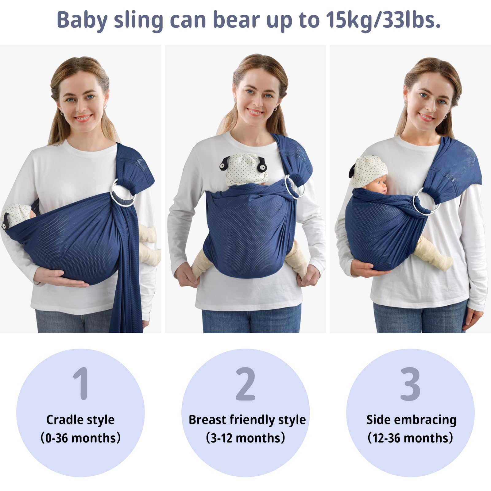 vrbabies Water Ring Sling dark blue adjustable rings demonstrate ergonomic support during front-to-tummy carries.