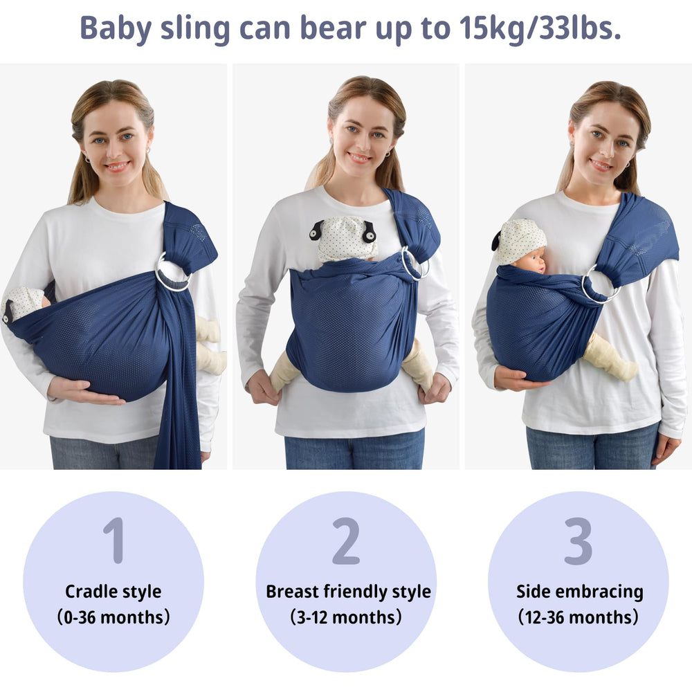 vrbabies Water Ring Sling dark blue adjustable rings demonstrate ergonomic support during front-to-tummy carries.
