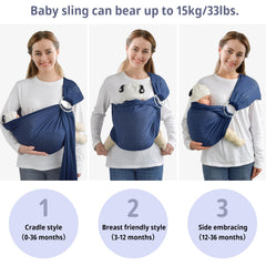 vrbabies Water Ring Sling dark blue adjustable rings demonstrate ergonomic support during front-to-tummy carries.