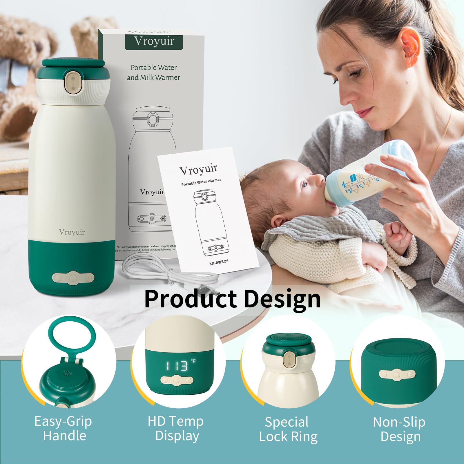 Vroyuir portable bottle warmer cordless operation offers freedom during outings.