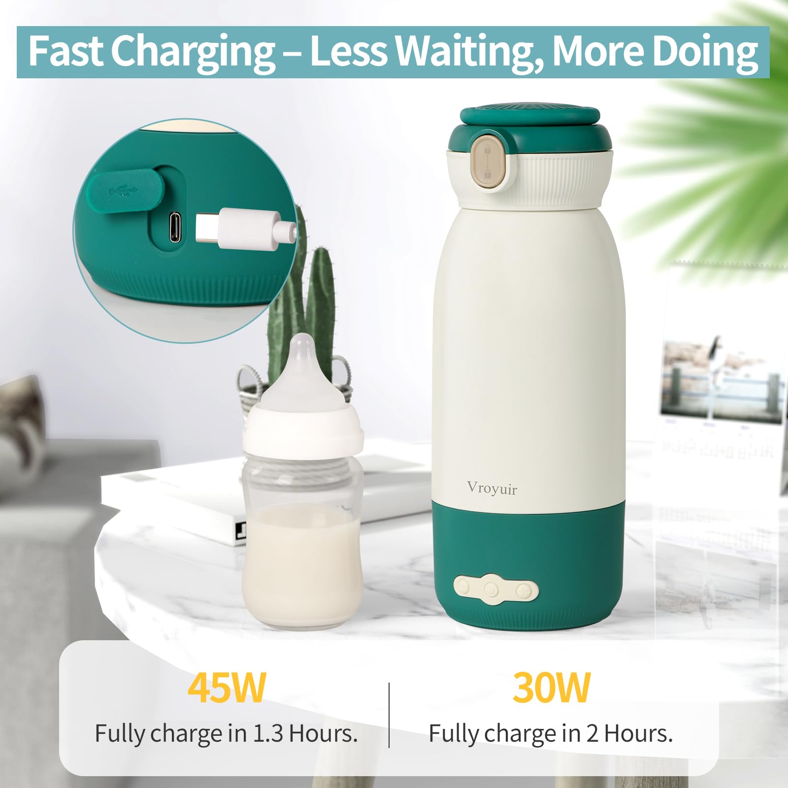 Vroyuir portable bottle warmer on table setup for easy nightly prep.