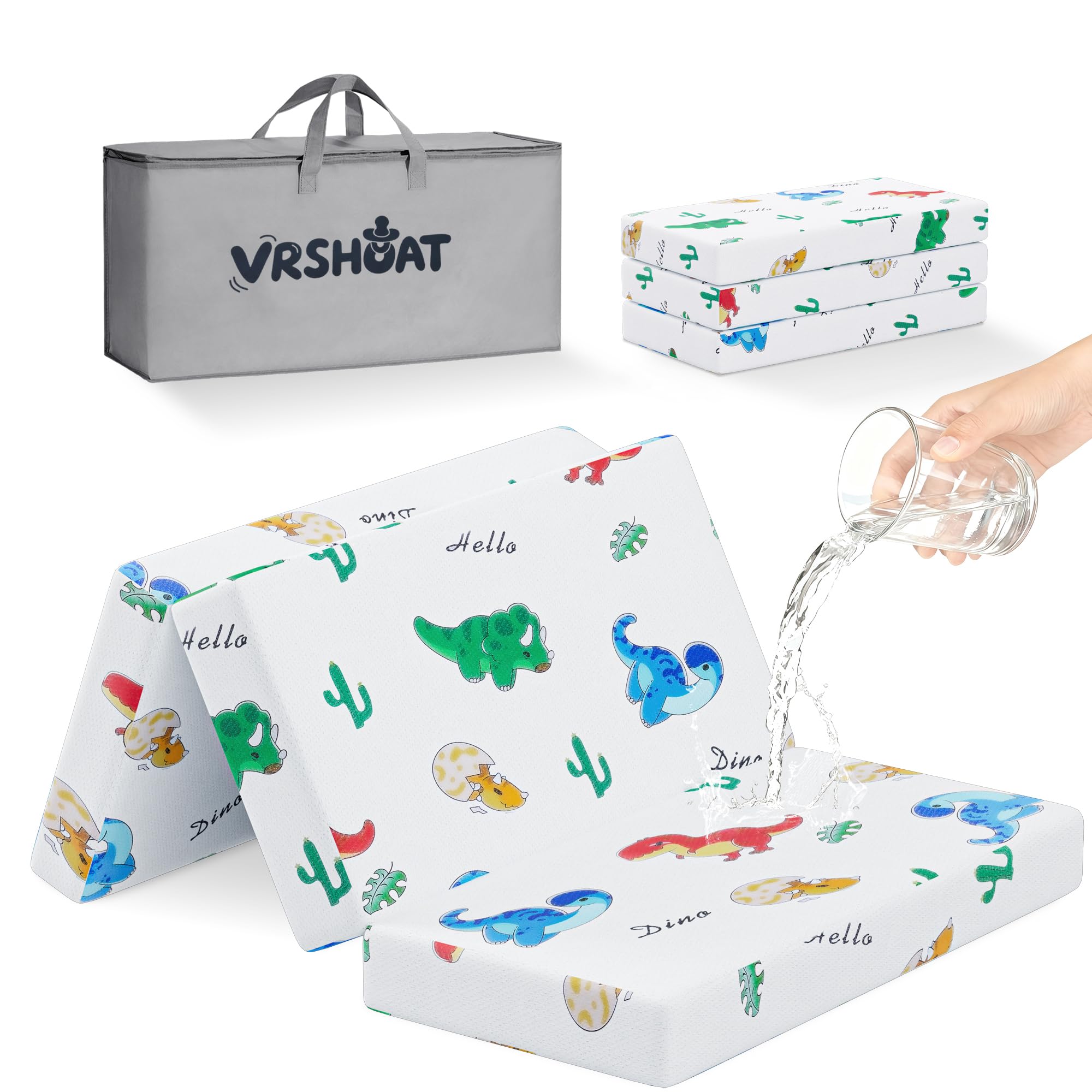 VRSHOAT dinosaur-pattern mattress folded in a carry bag for travel convenience.