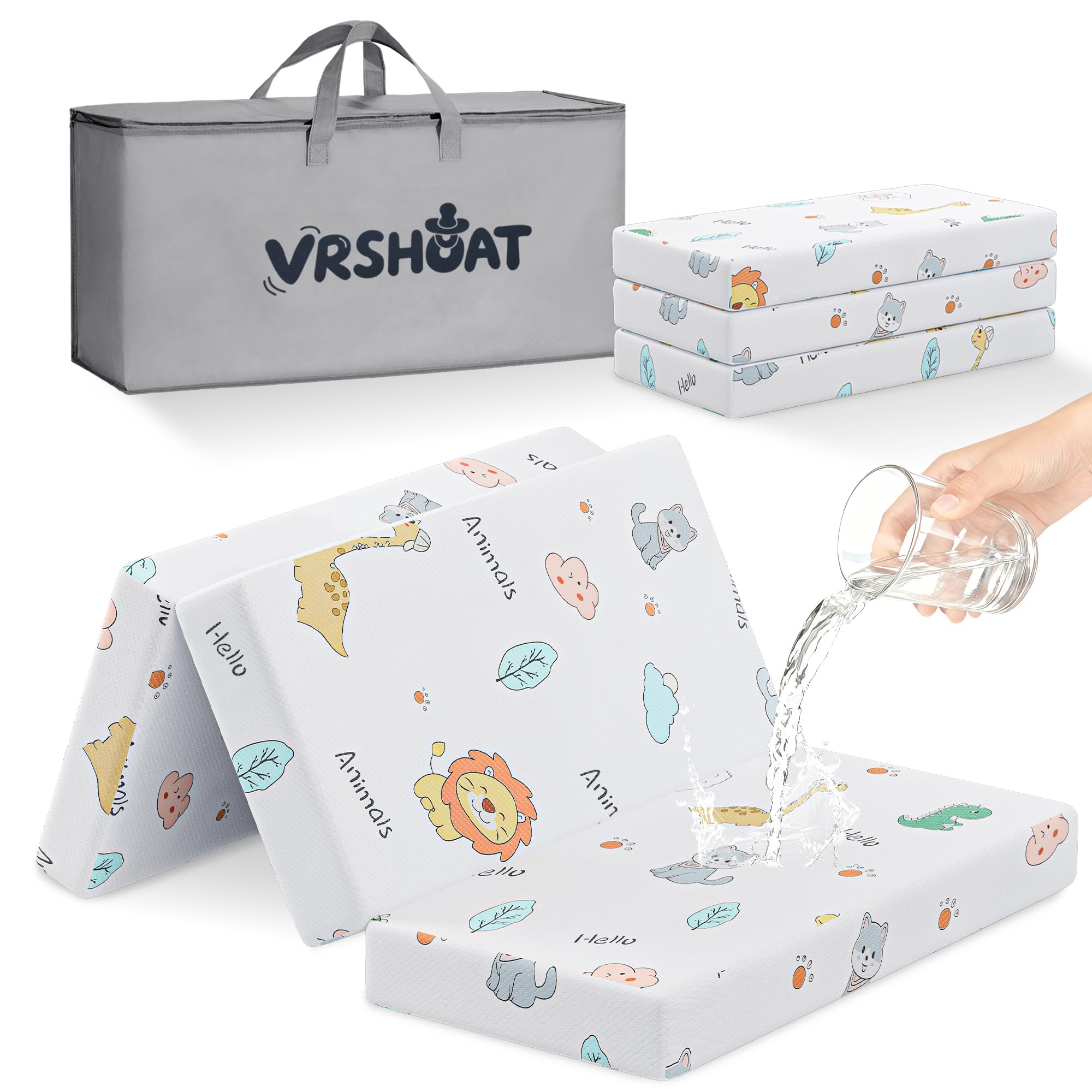 VRSHOAT Trifold Pack & Play Mattress folded in its portable carry bag for travel.
