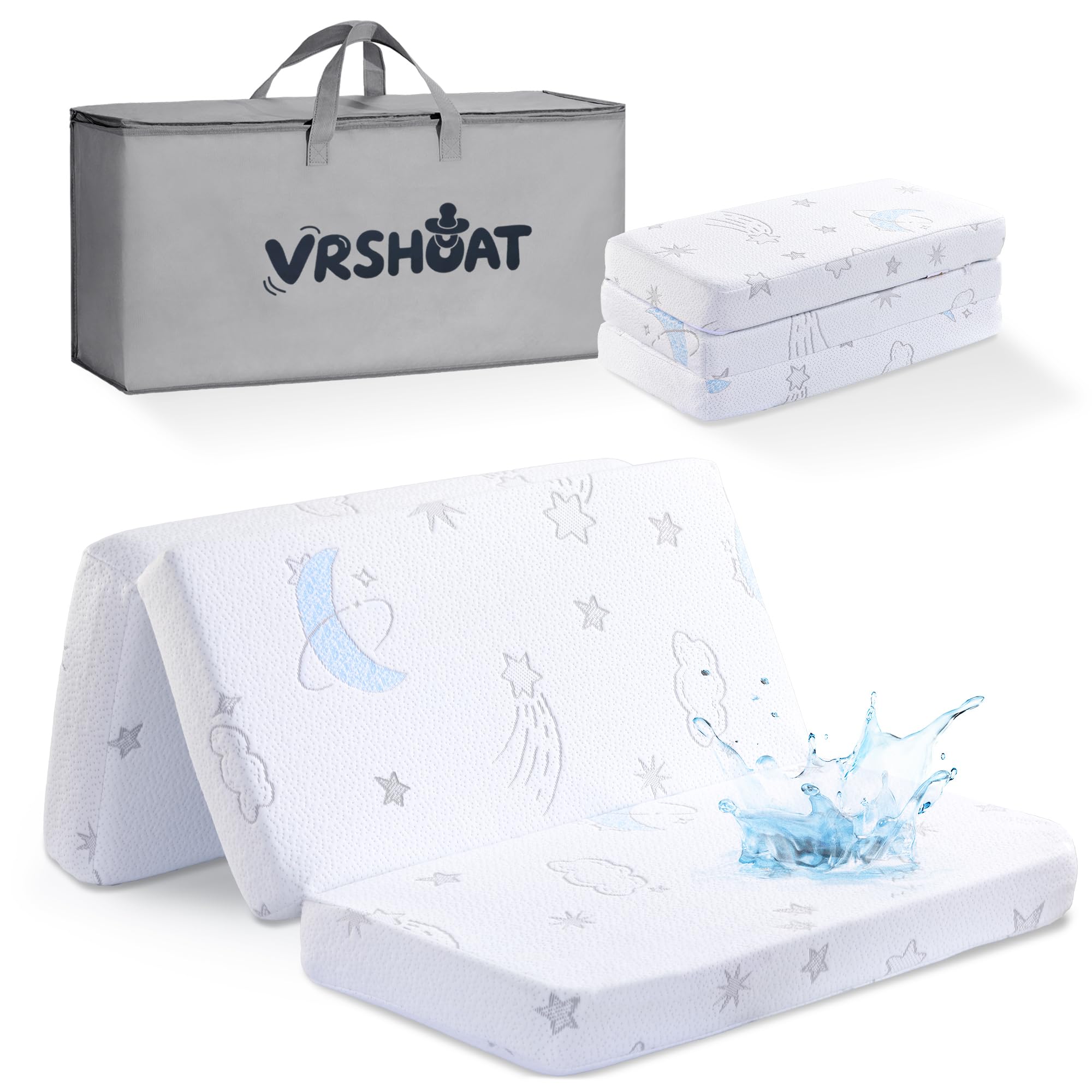 VRSHOAT Trifold Pack and Play Mattress folded for travel, space-saving portability.