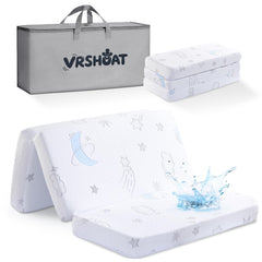 VRSHOAT Trifold Pack and Play Mattress folded for travel, space-saving portability.
