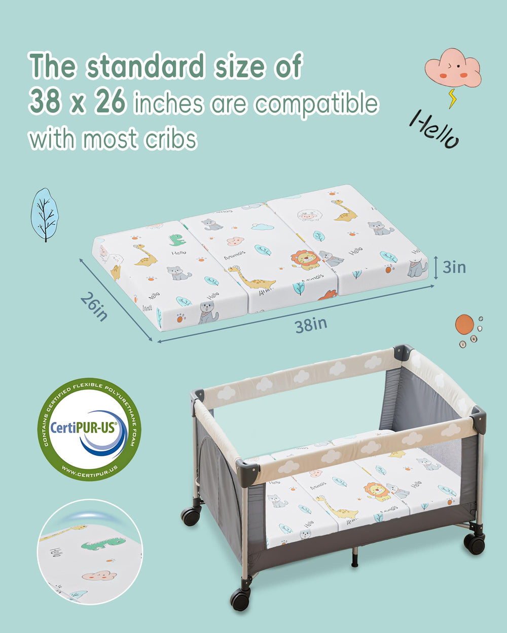 VRSHOAT Trifold Pack & Play Mattress with soft breathable cover for baby comfort.