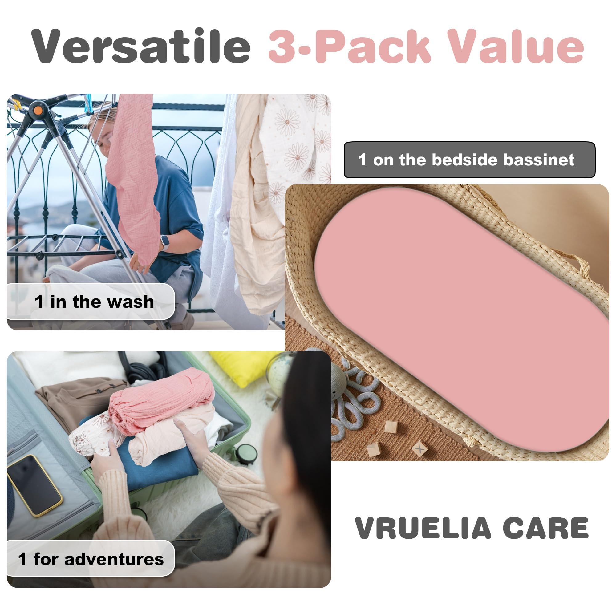 Vruelia three-pack display highlights versatile newborn-to-toddler use.