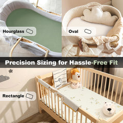 Vruelia elastic-edge bassinet sheets close-up, showing secure, taut fit