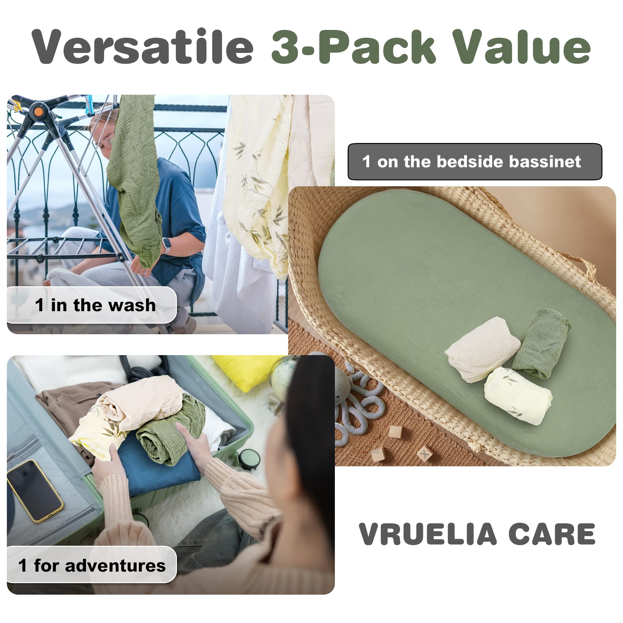 Vruelia three-pack in travel and changing-pad scenarios for on-the-go use