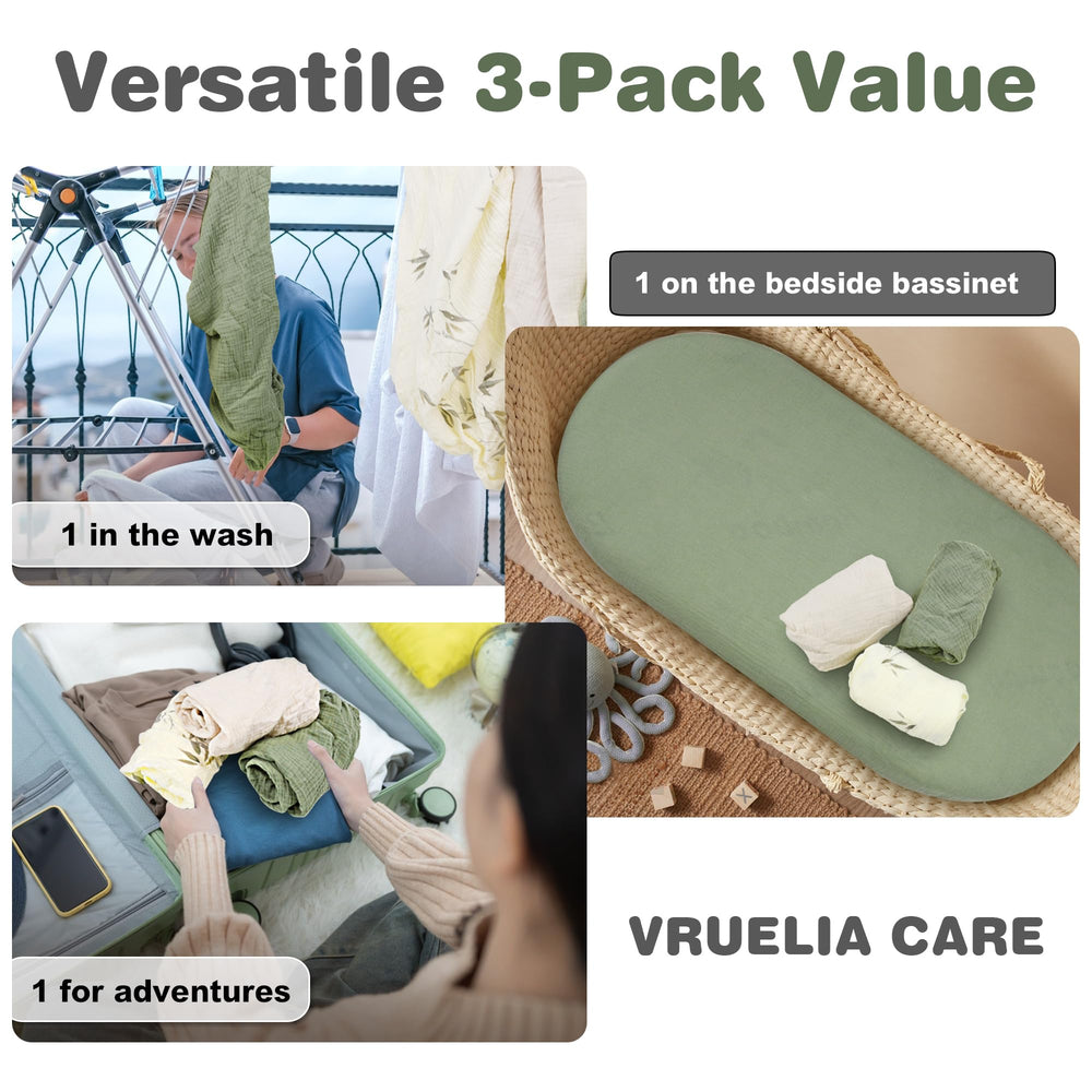 Vruelia three-pack in travel and changing-pad scenarios for on-the-go use