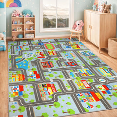 VSIWB Kids Playmat Rug sky blue city map for imaginative play and learning
