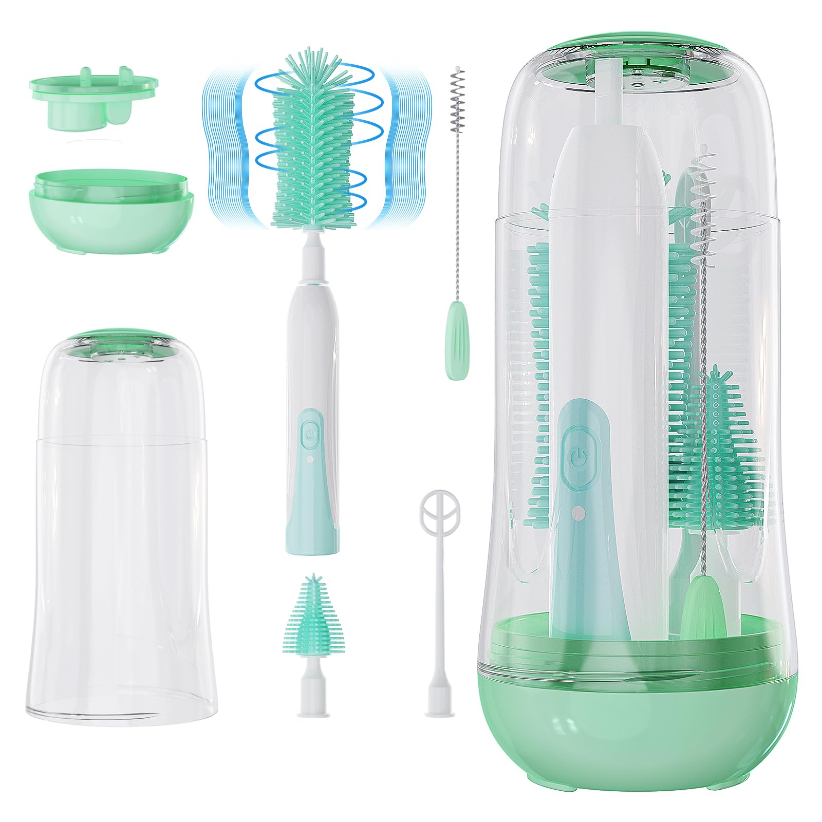 VSTM Electric Travel Bottle Brush Set packaging shows an all-in-one kit for on-the-go cleaning