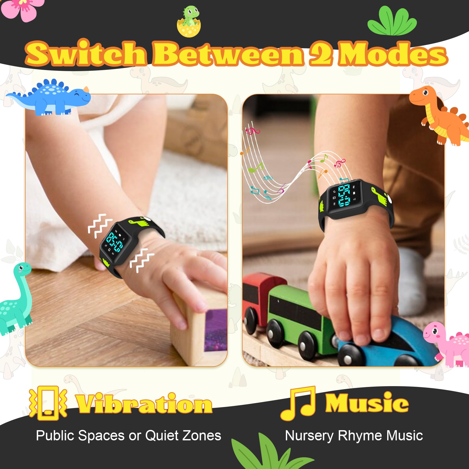 VTAIGE wristwatch displaying music alert option supports potty routine reminders.