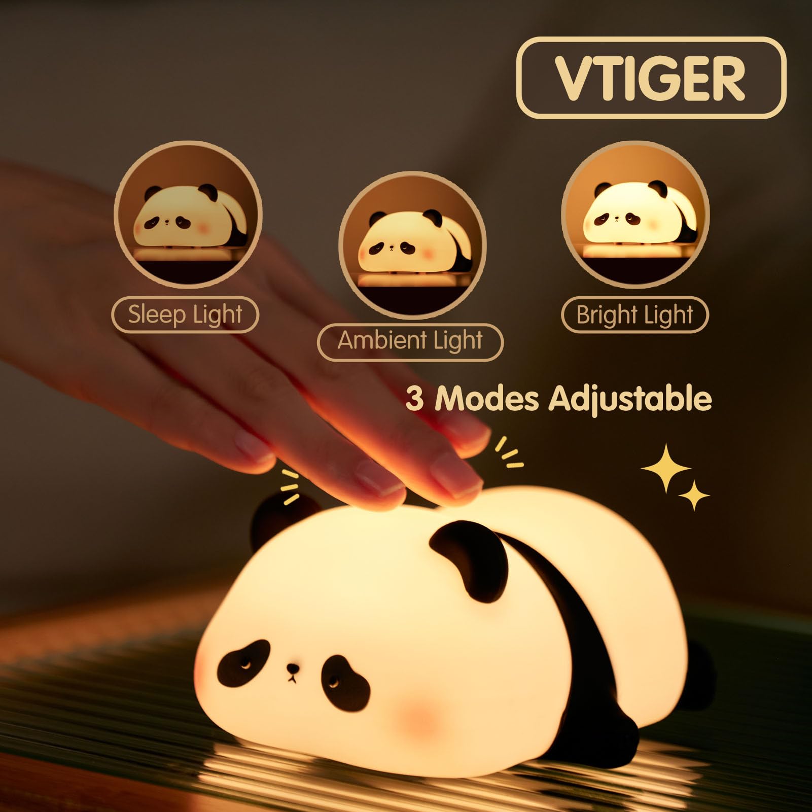 VTIGER Panda Night Light side view highlights soft silicone texture for nursery decor.