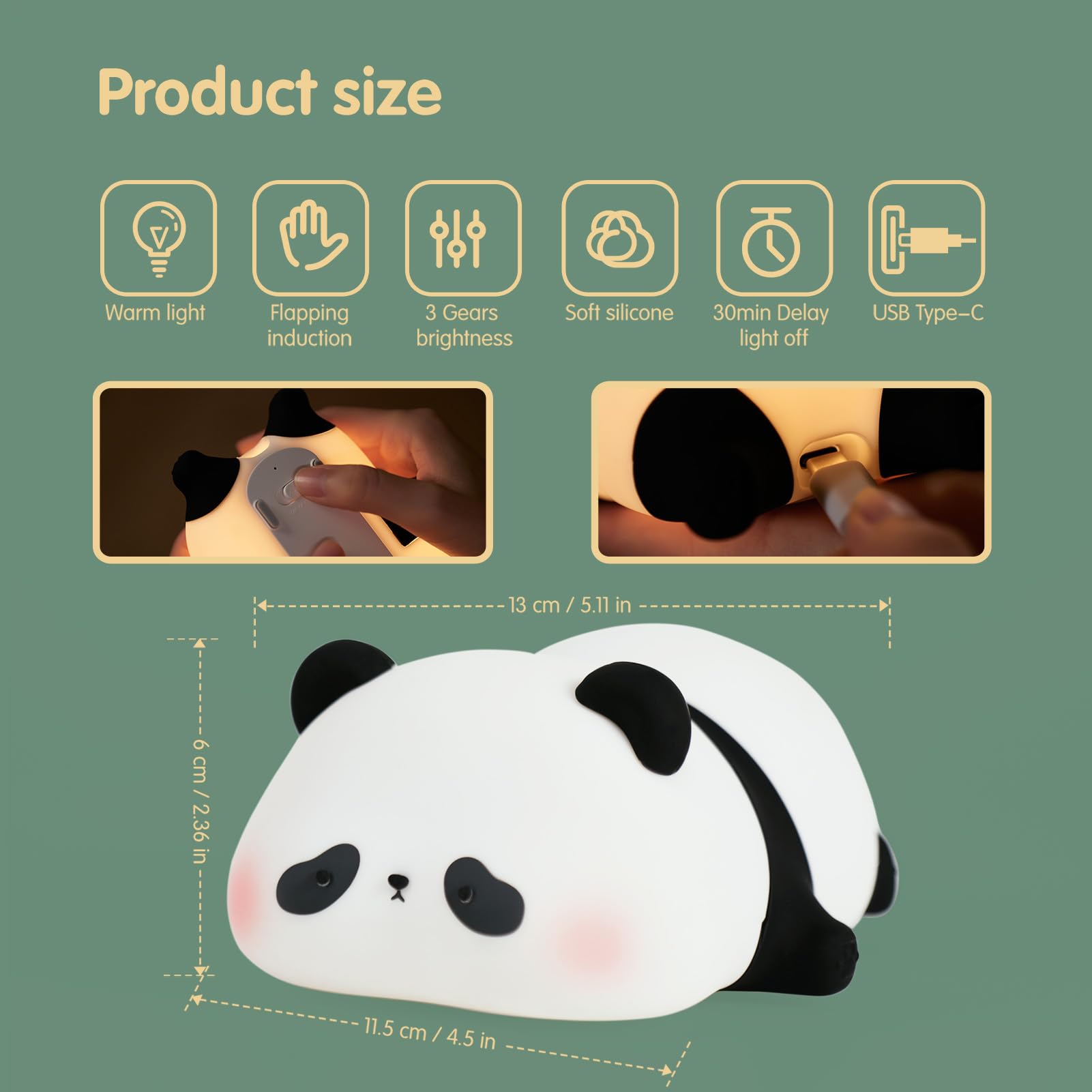 VTIGER Panda Night Light touch-control showcases three brightness levels for adjustable ambience.