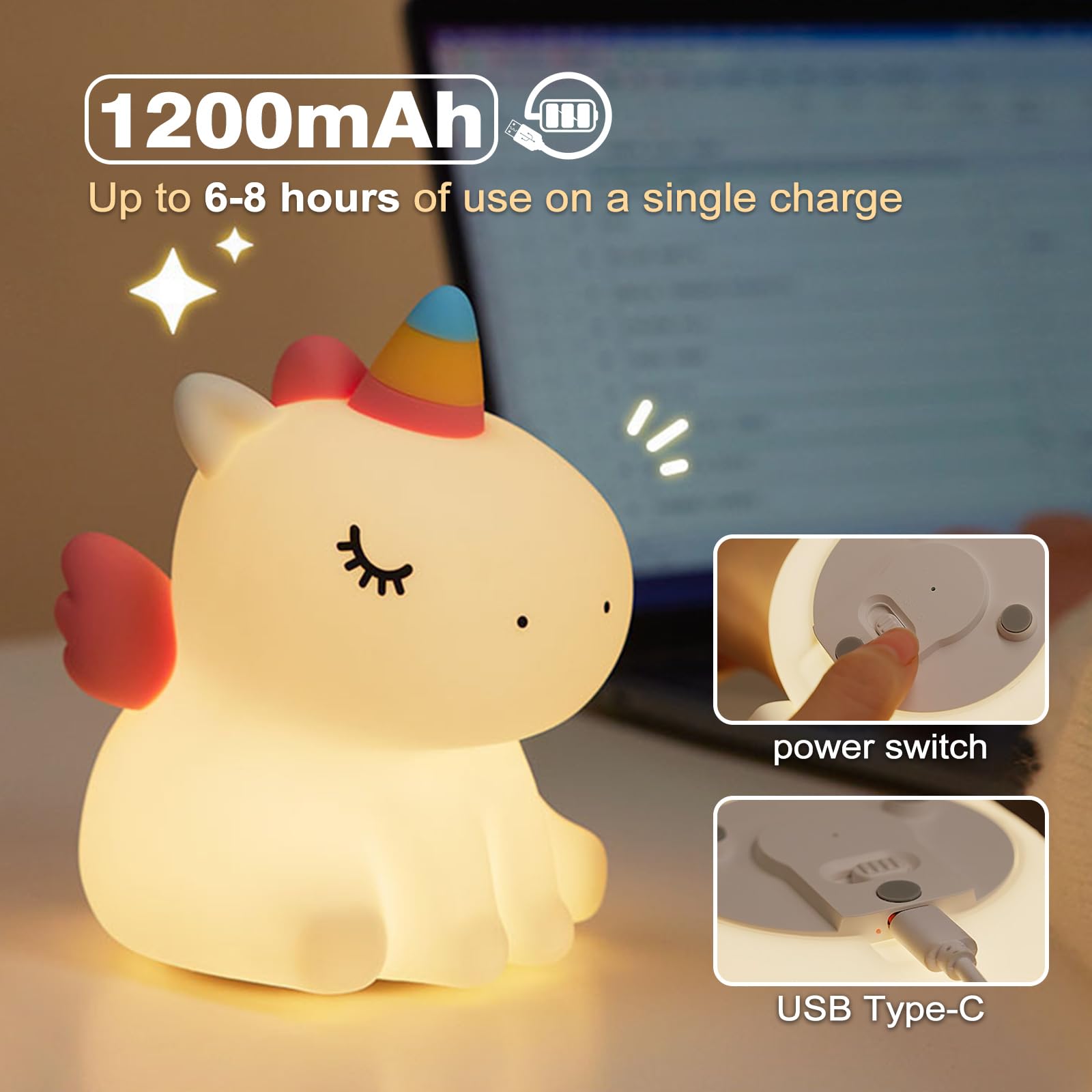 VTIGER Unicorn Night Light with closed eyes signaling bedtime calm