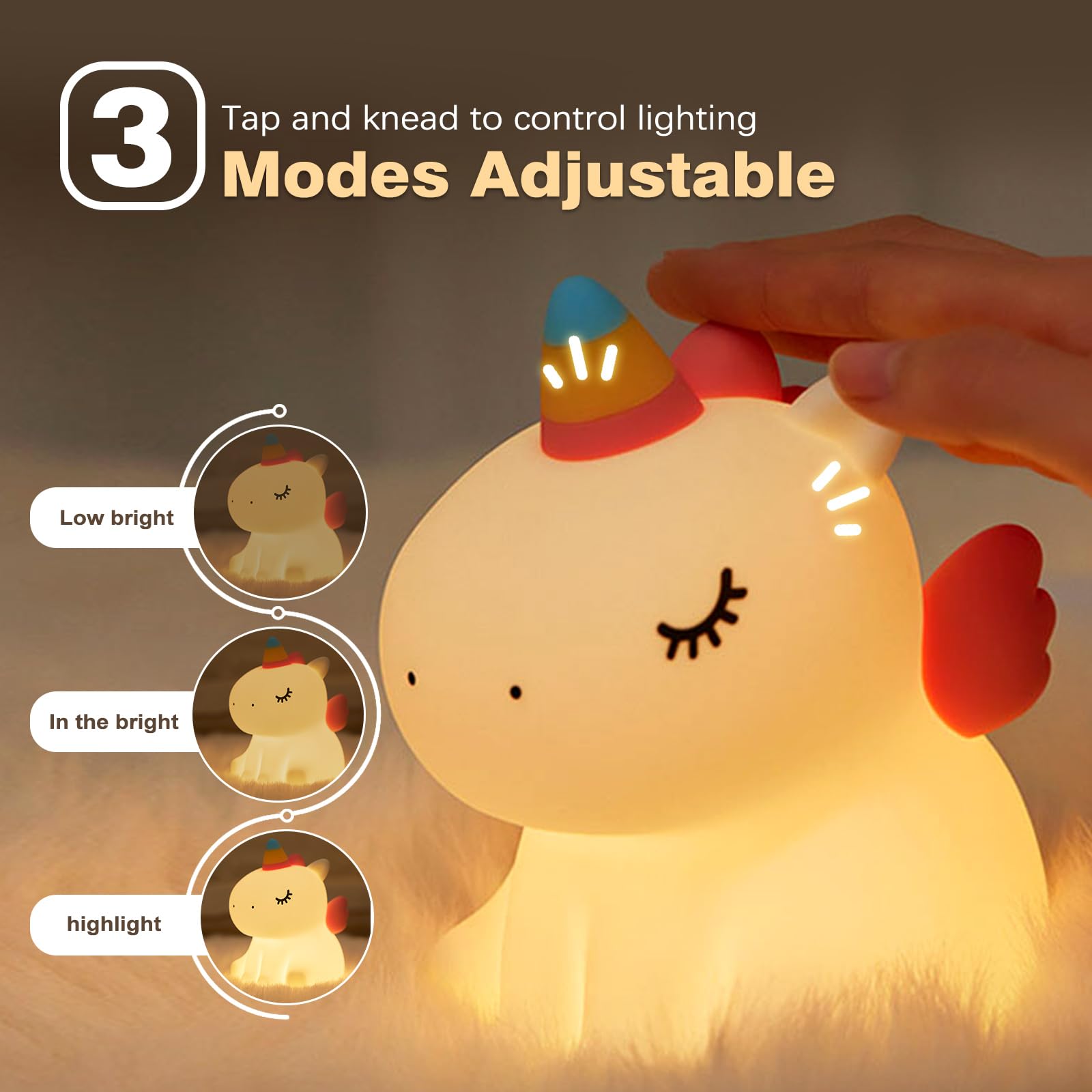 VTIGER Unicorn Night Light side view on a kid's nightstand for easy reach