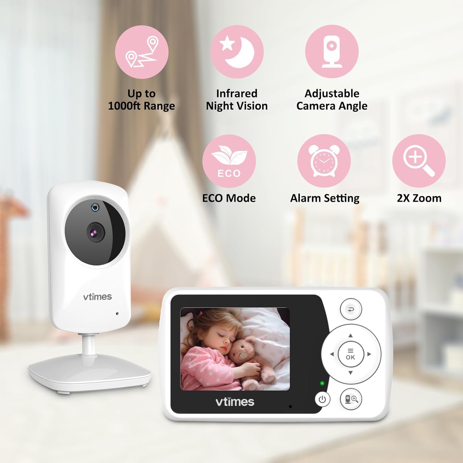 VTimes two-camera monitor side view highlights compact setup for busy parents.