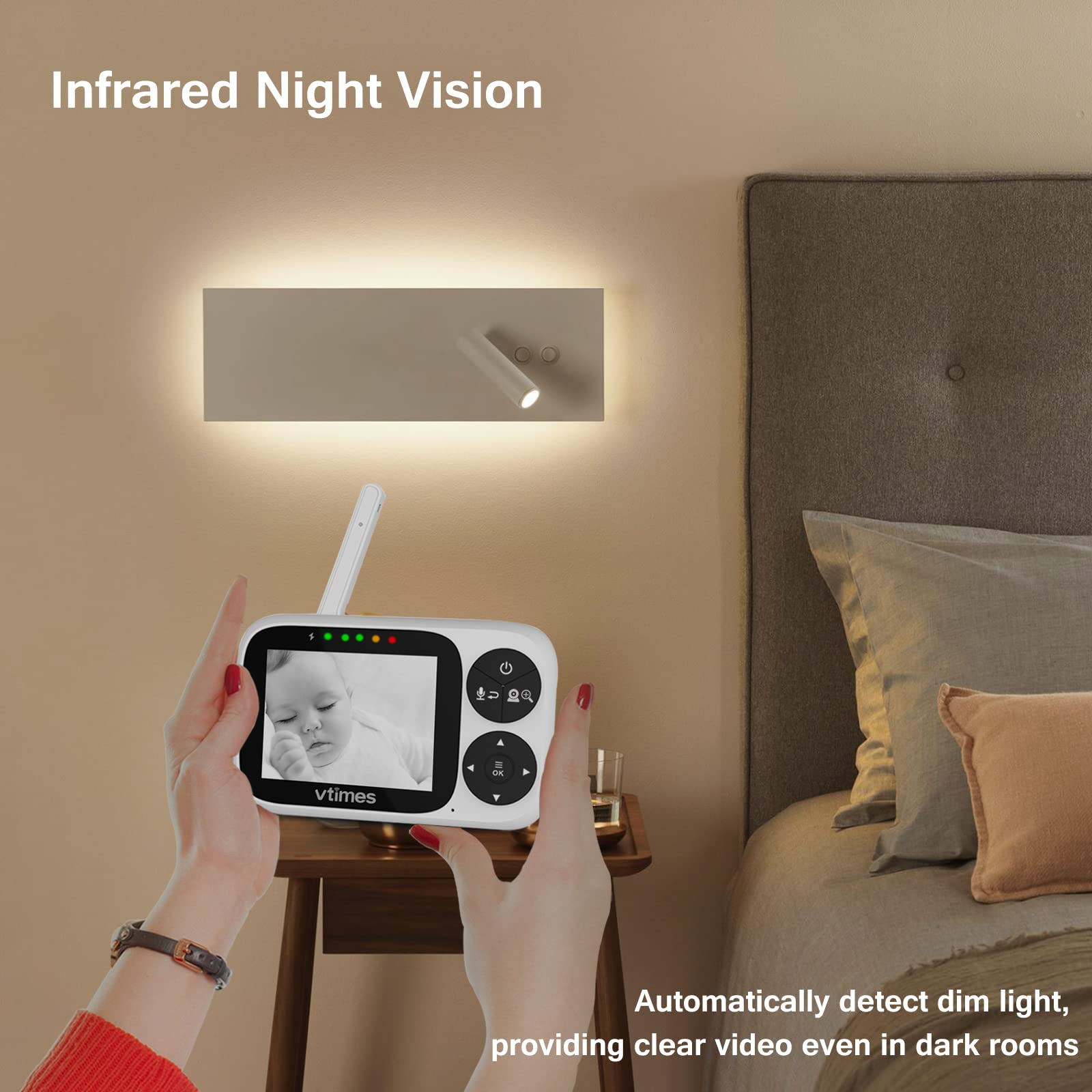 VTimes Baby Monitor night vision provides clear visibility in low light.
