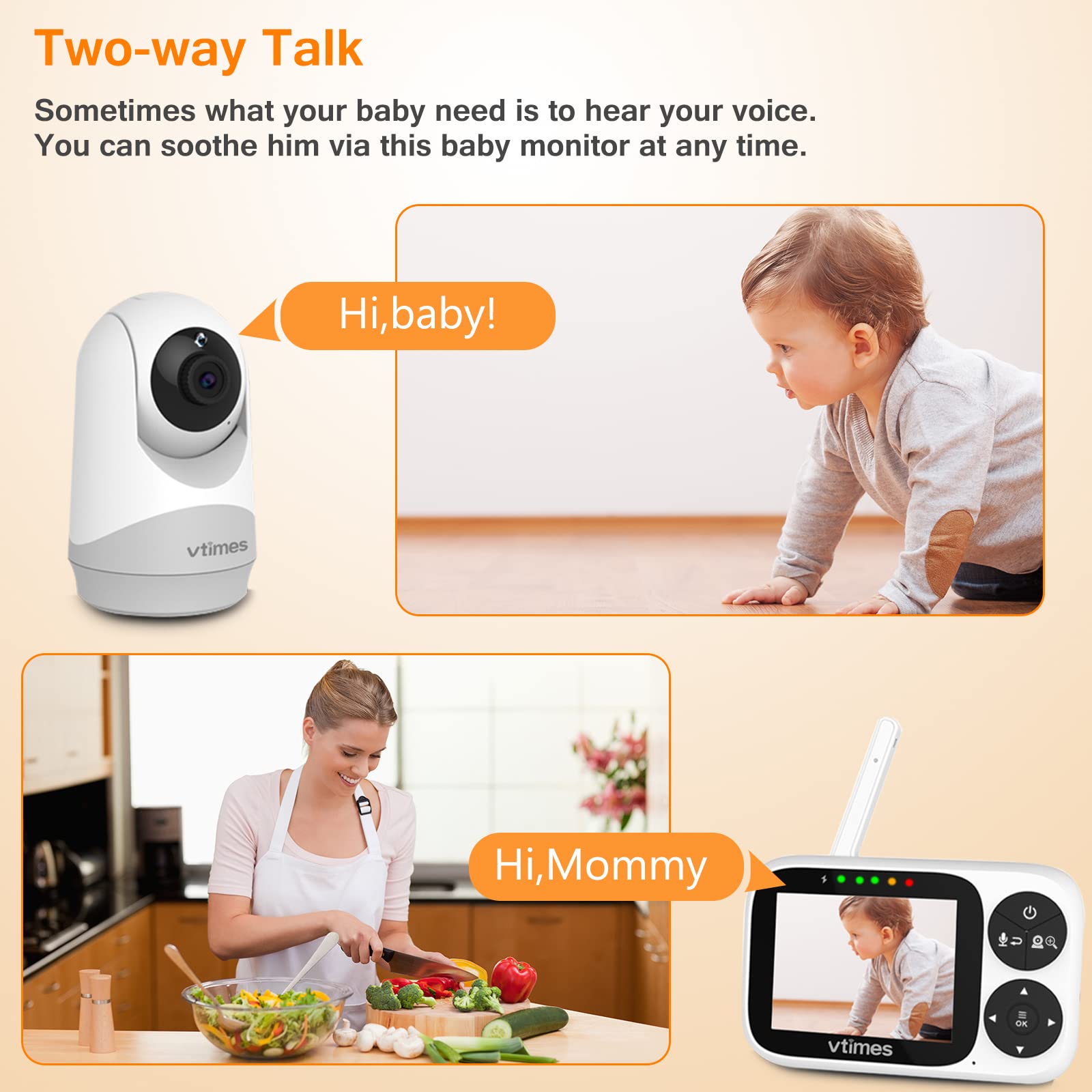 VTimes Baby Monitor no-wifi setup emphasizes private, stable connection.