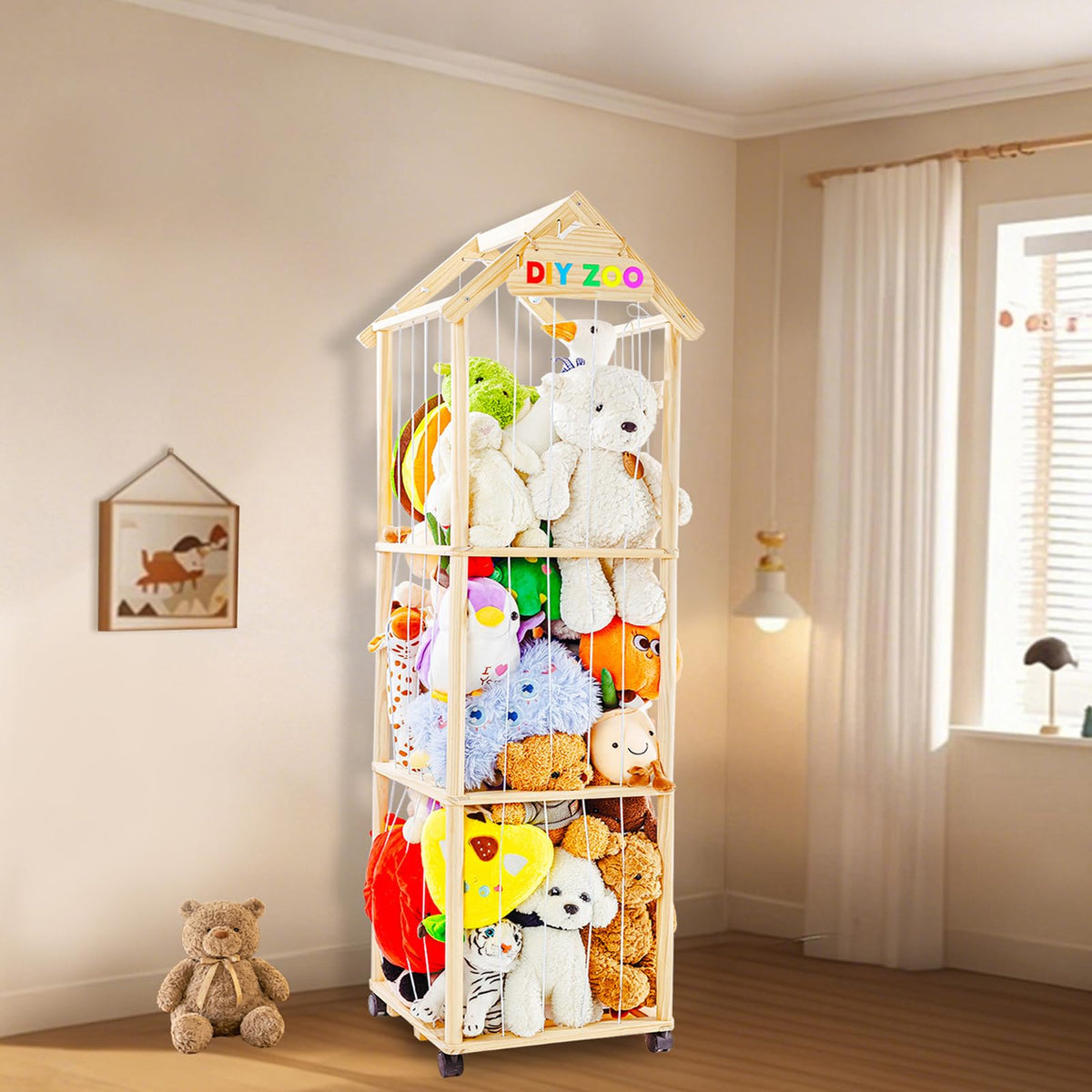 VTSHENY stuffed animal storage wood zoo display showcases plush toys while saving floor space.