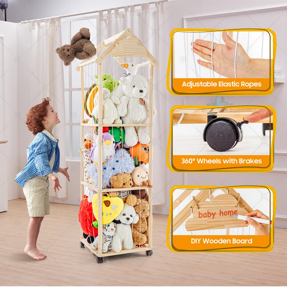 VTSHENY wood toy holder with elastic cords secures plush toys for easy access.