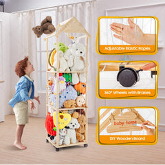 VTSHENY wood toy holder with elastic cords secures plush toys for easy access.