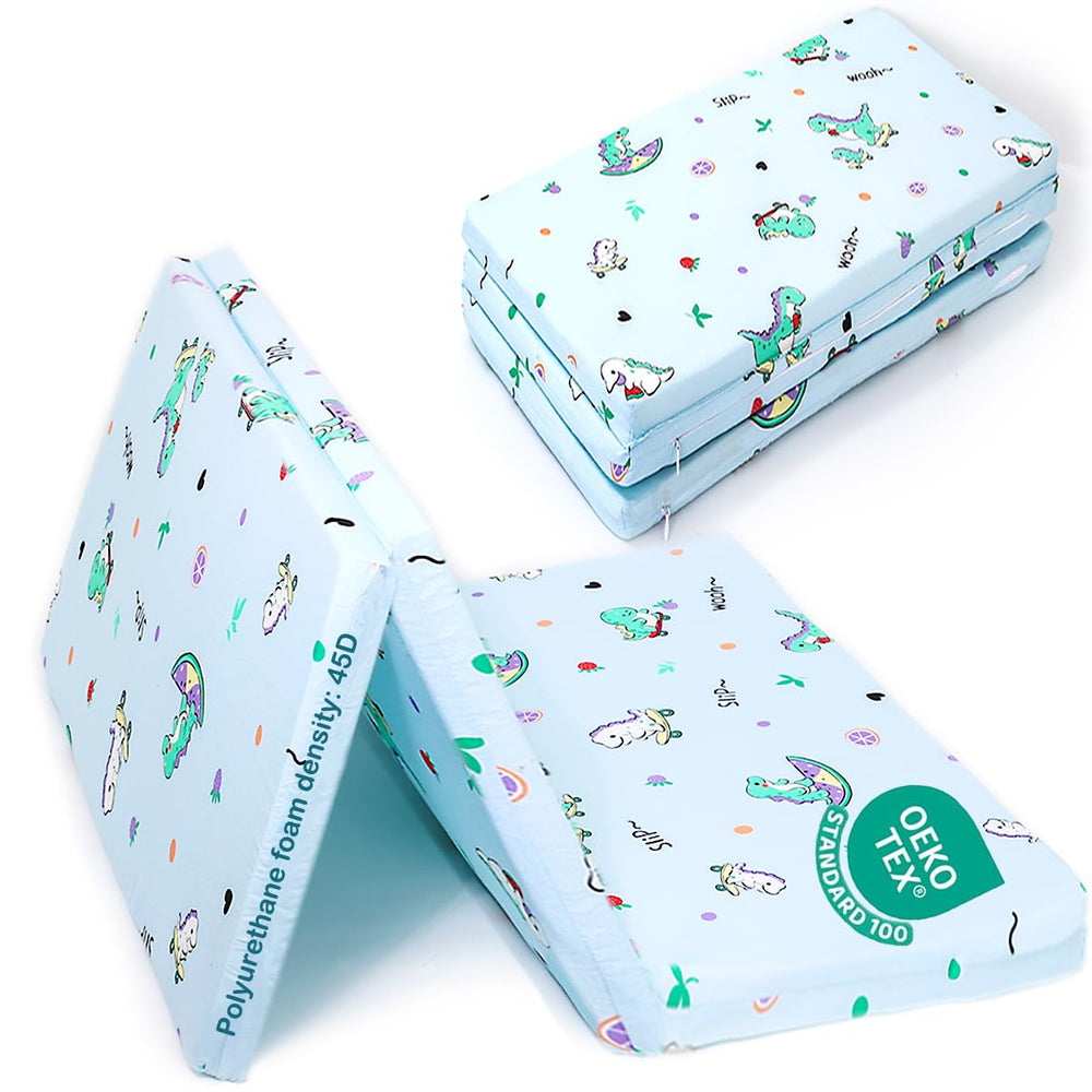 VUCWS upgraded tri-fold dinosaur mattress, secure pack-n-play fit for safe sleep.