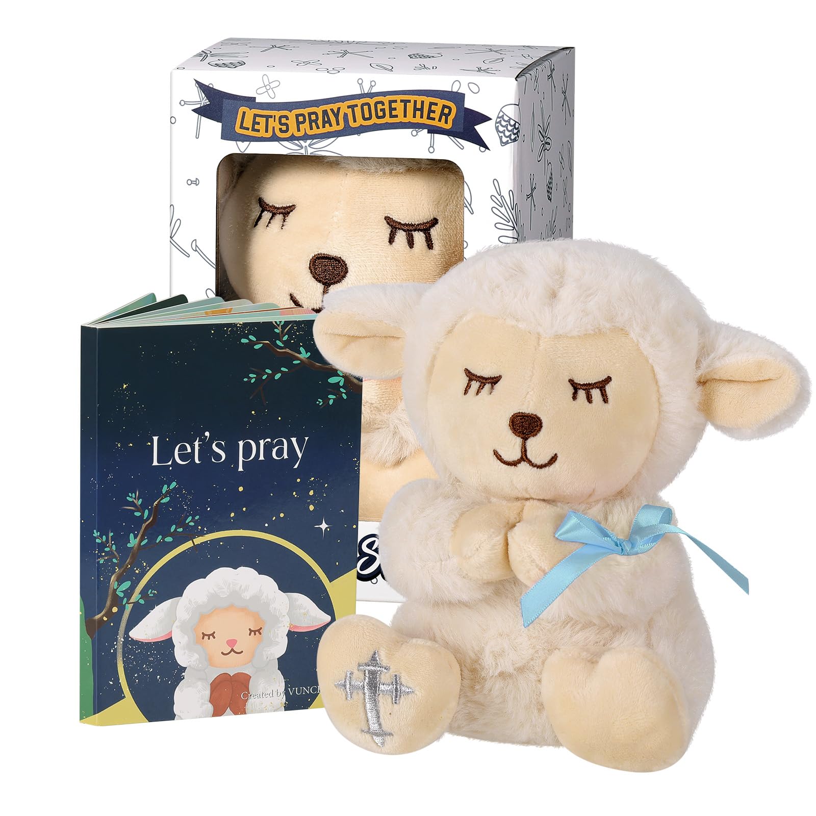 VUNCESSIN baptism gift set with plush lamb and pray book in keepsake box for baby boy.