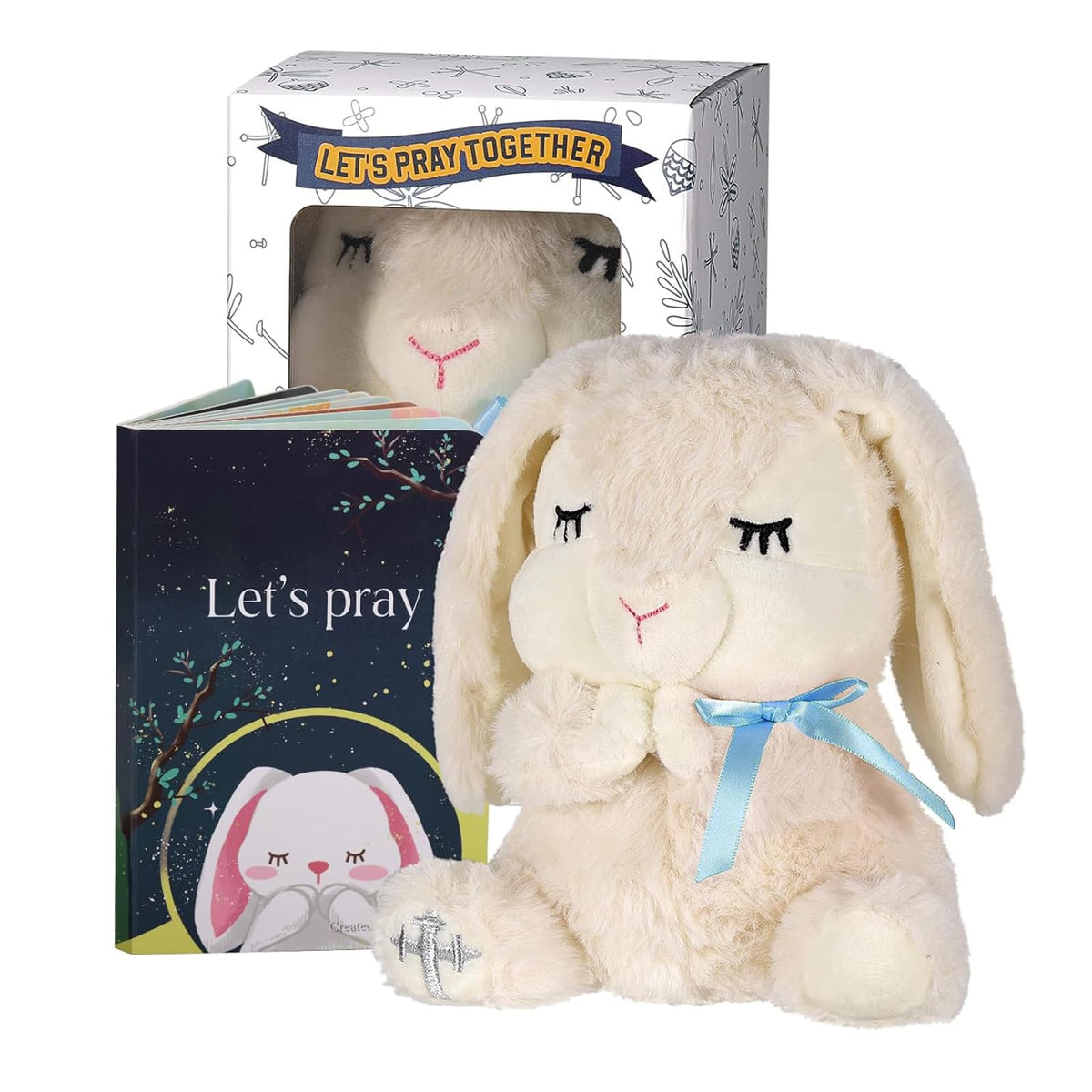 VUNCESSIN baptism gift set with bunny and book in keepsake box for baby boy, promotes early prayer moments.