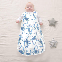 vvfelixl Blue Crabs baby wearable blanket neck opening close-up emphasizes skin-safe design.