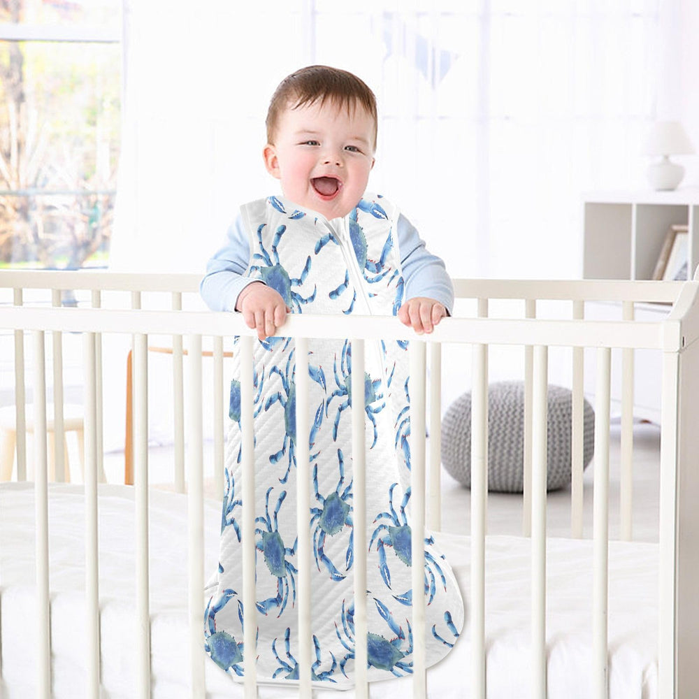 vvfelixl Blue Crabs sleep sack in-home use demonstrates breathable fabric and cozy warmth.