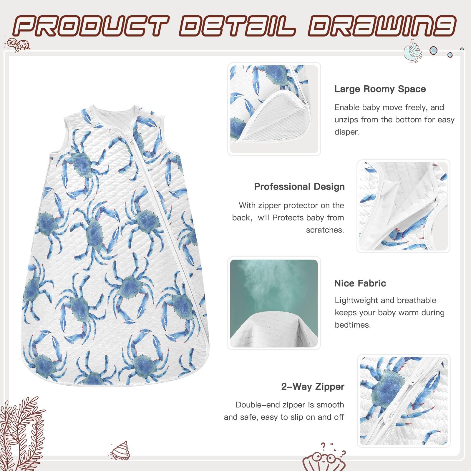 vvfelixl Blue Crabs sleep sack side view demonstrates roomy bottom for full movement.