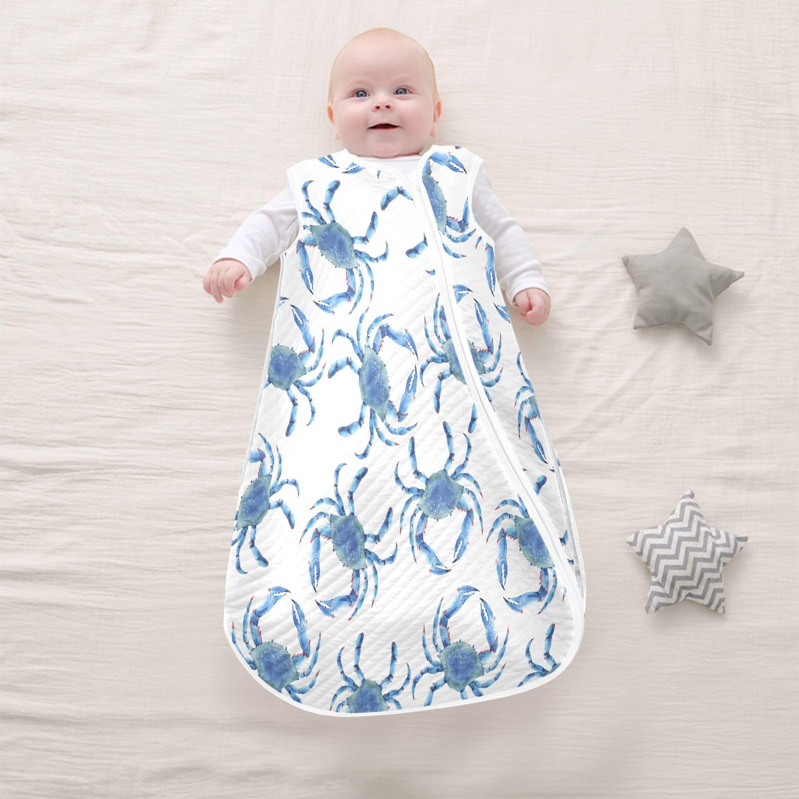 vvfelixl Blue Crabs sleep sack size range image illustrates 0-24 months versatility.
