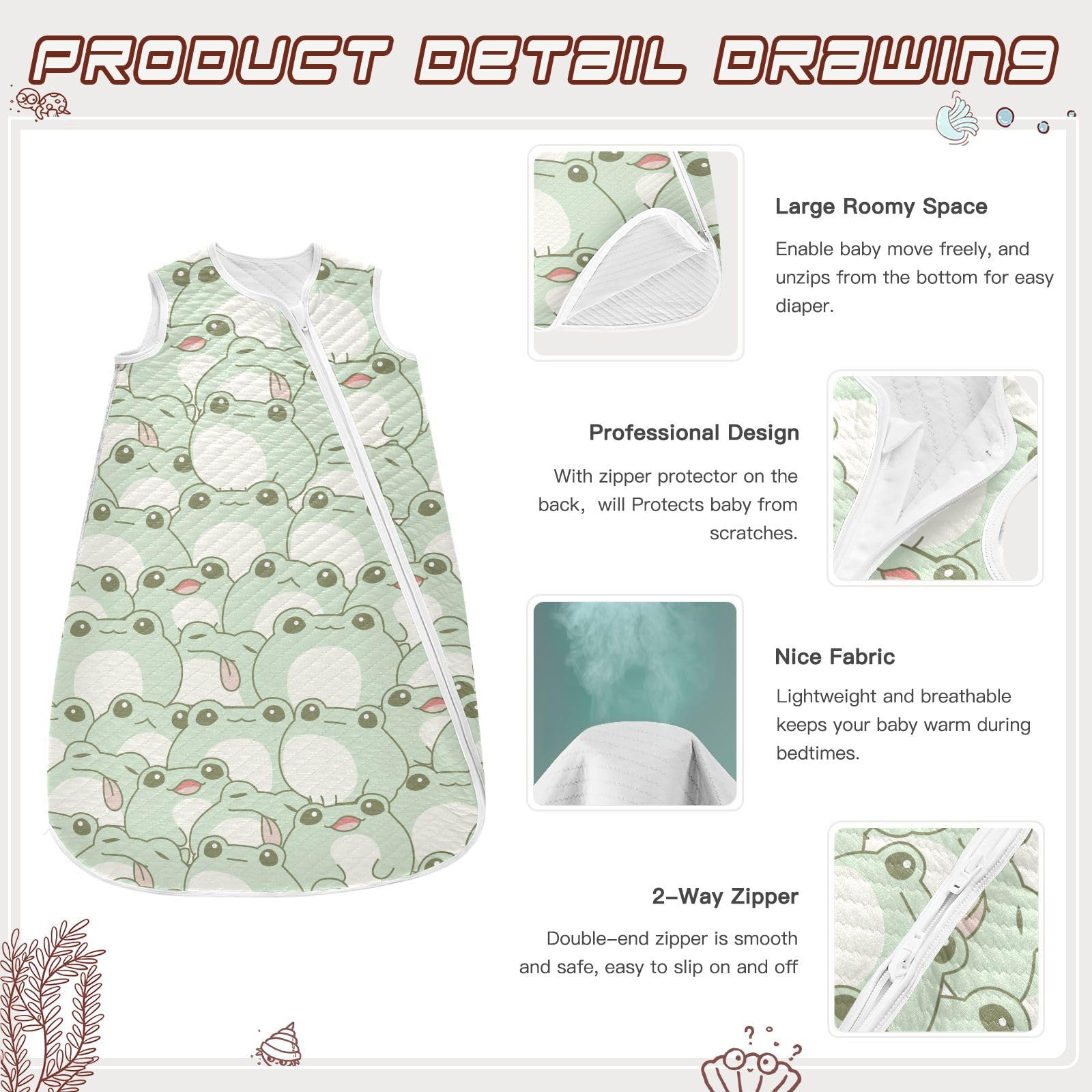 vvfelixl Cute Fat Frog green sleep sack with two-way zipper eases on/off.