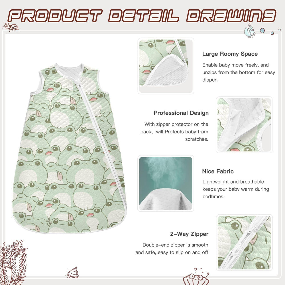 vvfelixl Cute Fat Frog green sleep sack with two-way zipper eases on/off.