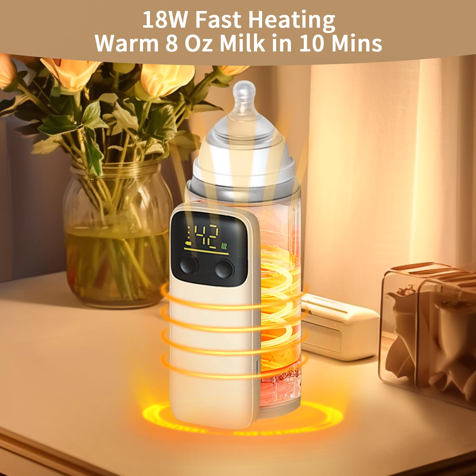 Vvucco portable bottle warmer charging setup demonstrating fast charge and long battery life.