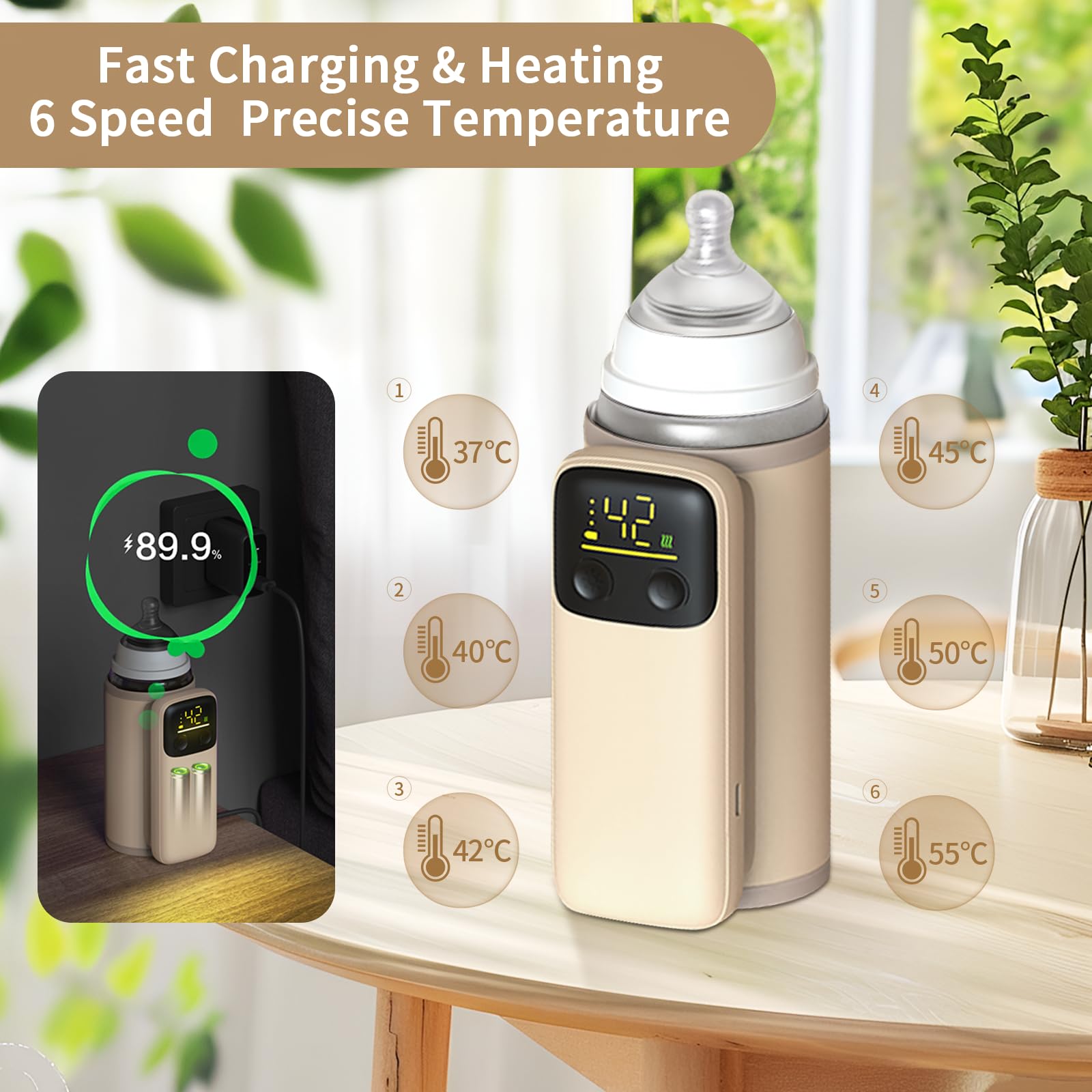 Vvucco portable bottle warmer LCD display highlights precise temperature control for milk.