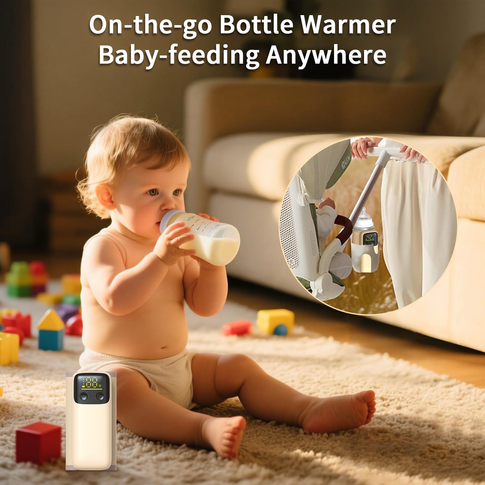 Vvucco portable bottle warmer in travel setup illustrating easy-to-pack warmth on trips.