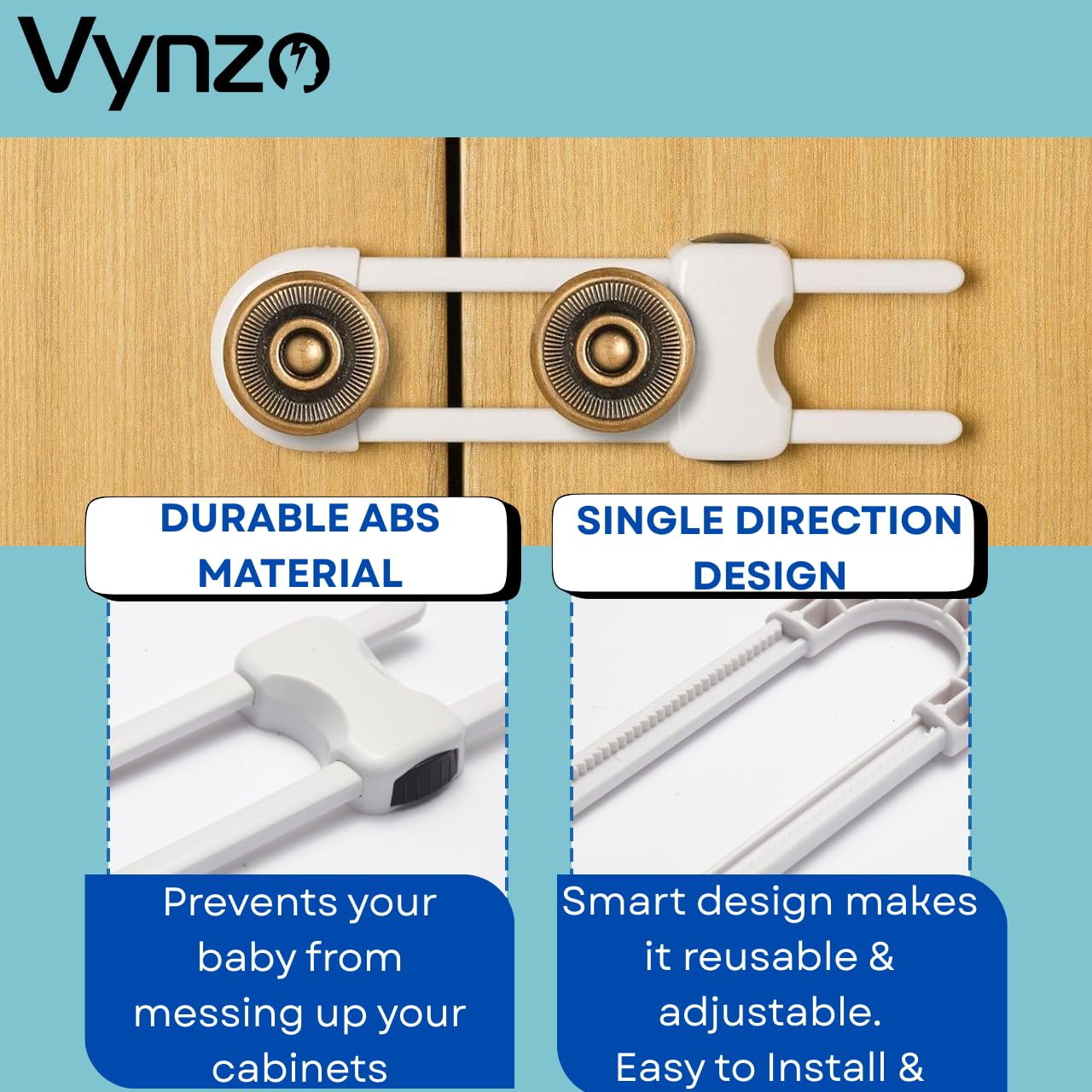 VYNZO cabinet locks multi-use design works in kitchens, bathrooms, and more.